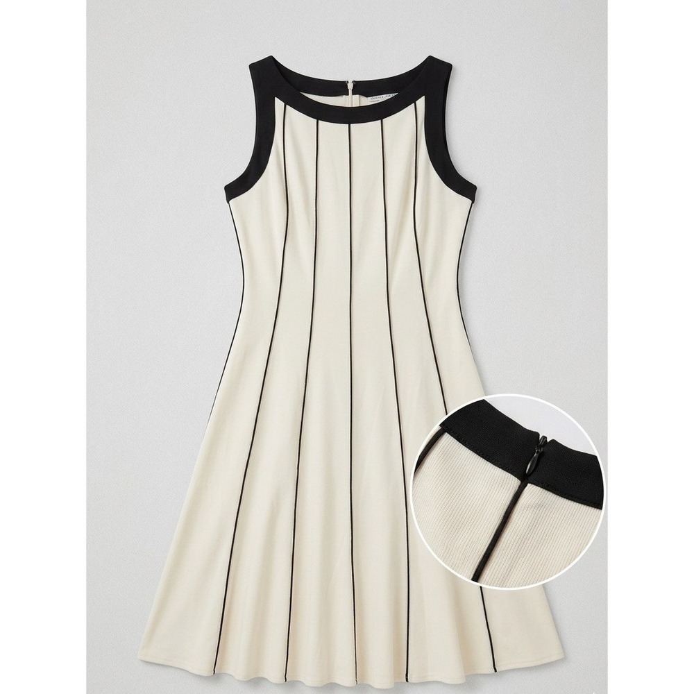 Sandra Darren Ribbed Fit & Flare Dress Cream Black Piping Mod Size 10 EUC